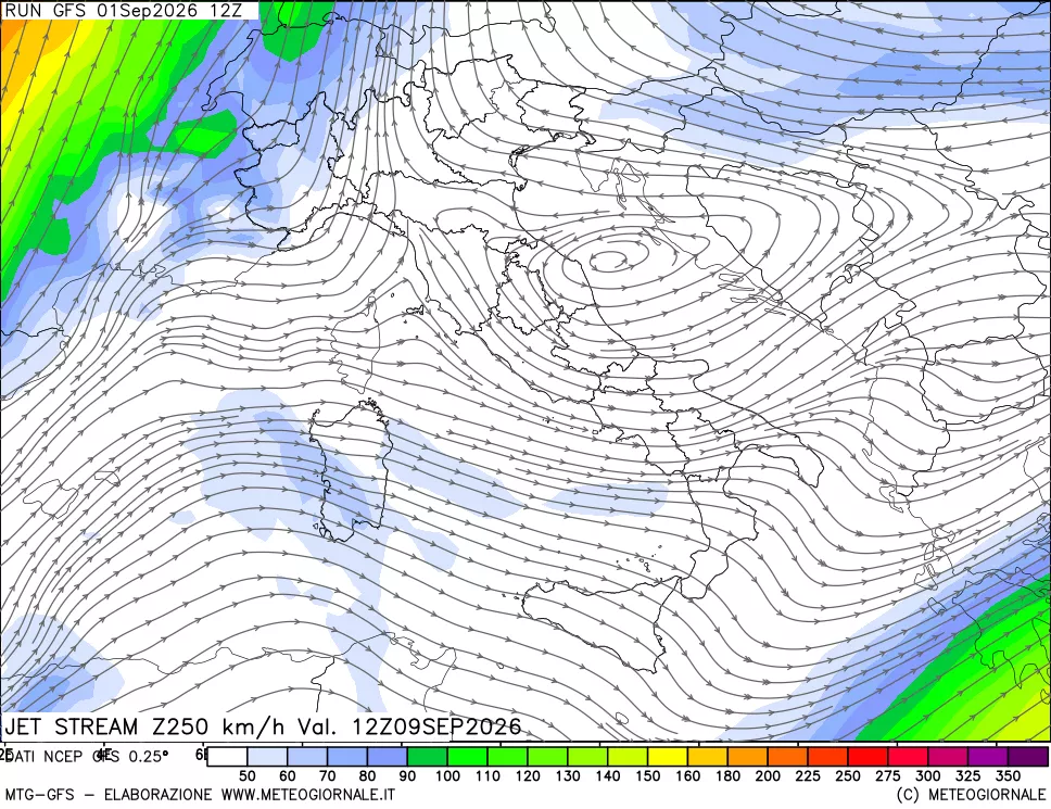 mappa 250 hPa Jet stream