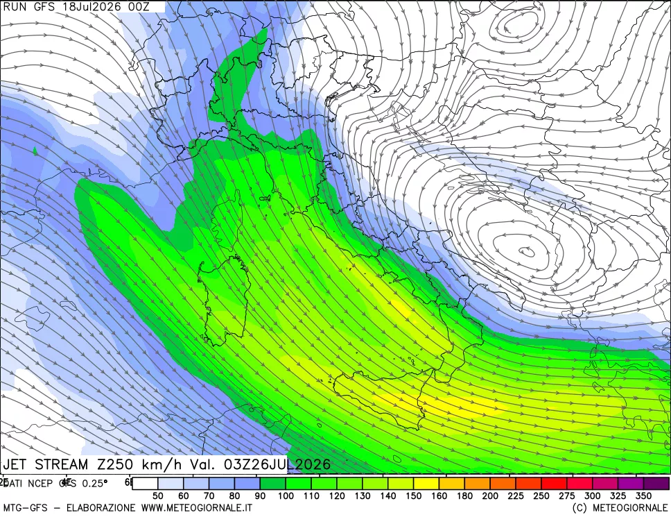 mappa 250 hPa Jet stream