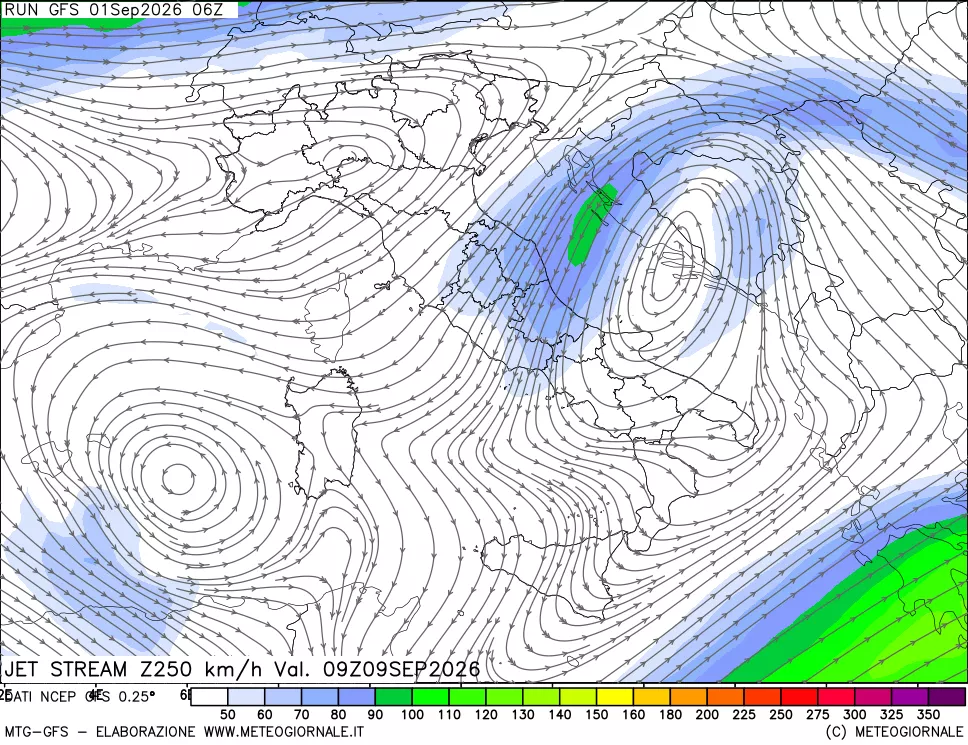mappa 250 hPa Jet stream