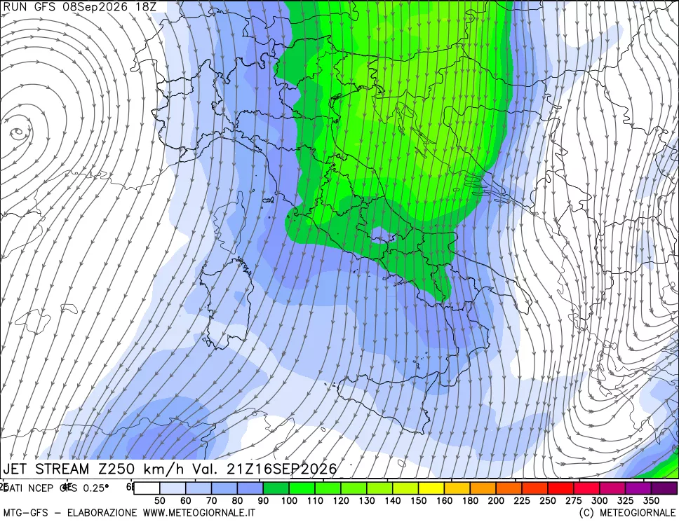 mappa 250 hPa Jet stream
