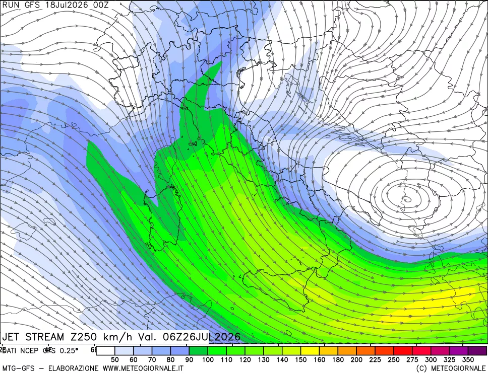mappa 250 hPa Jet stream