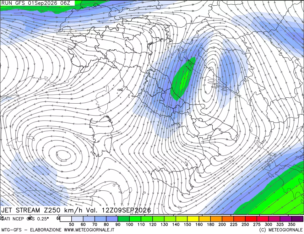 mappa 250 hPa Jet stream