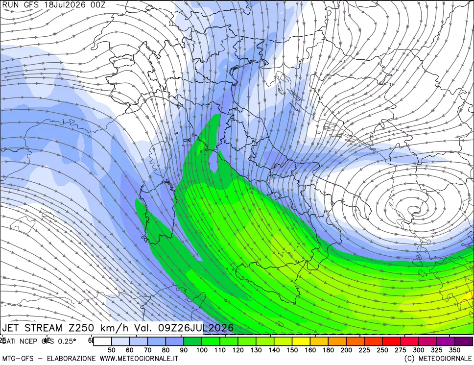 mappa 250 hPa Jet stream