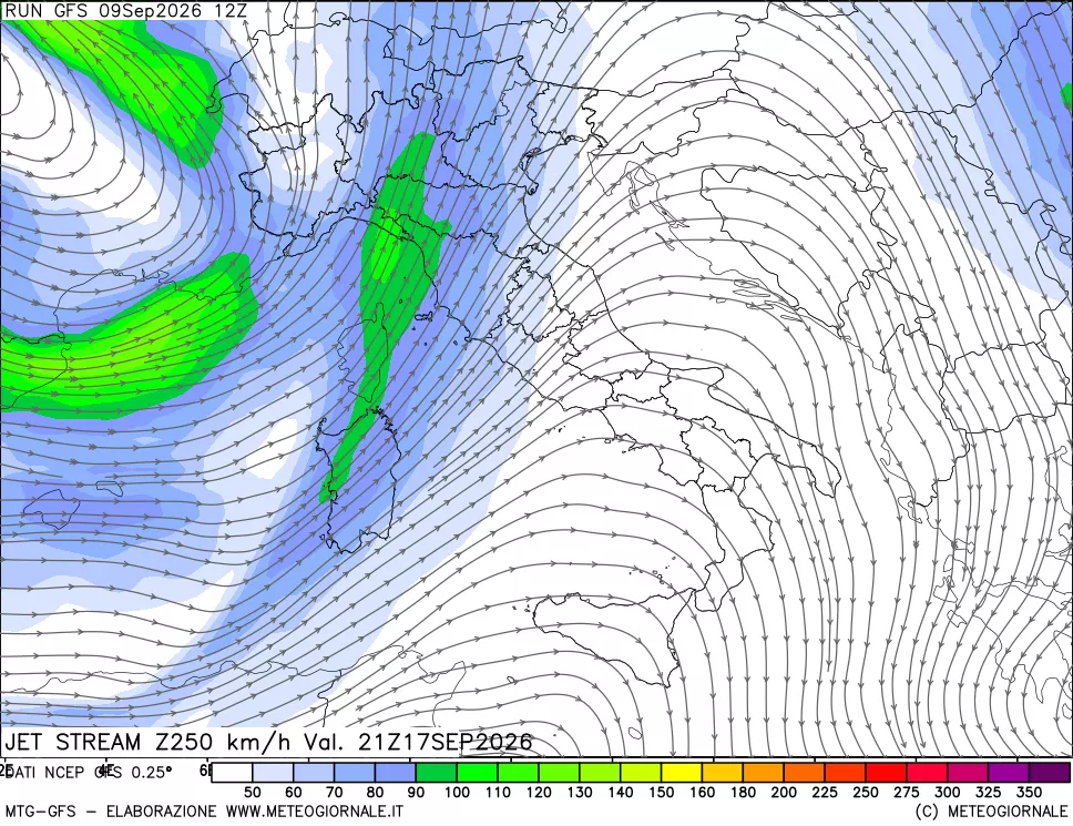 mappa 250 hPa Jet stream