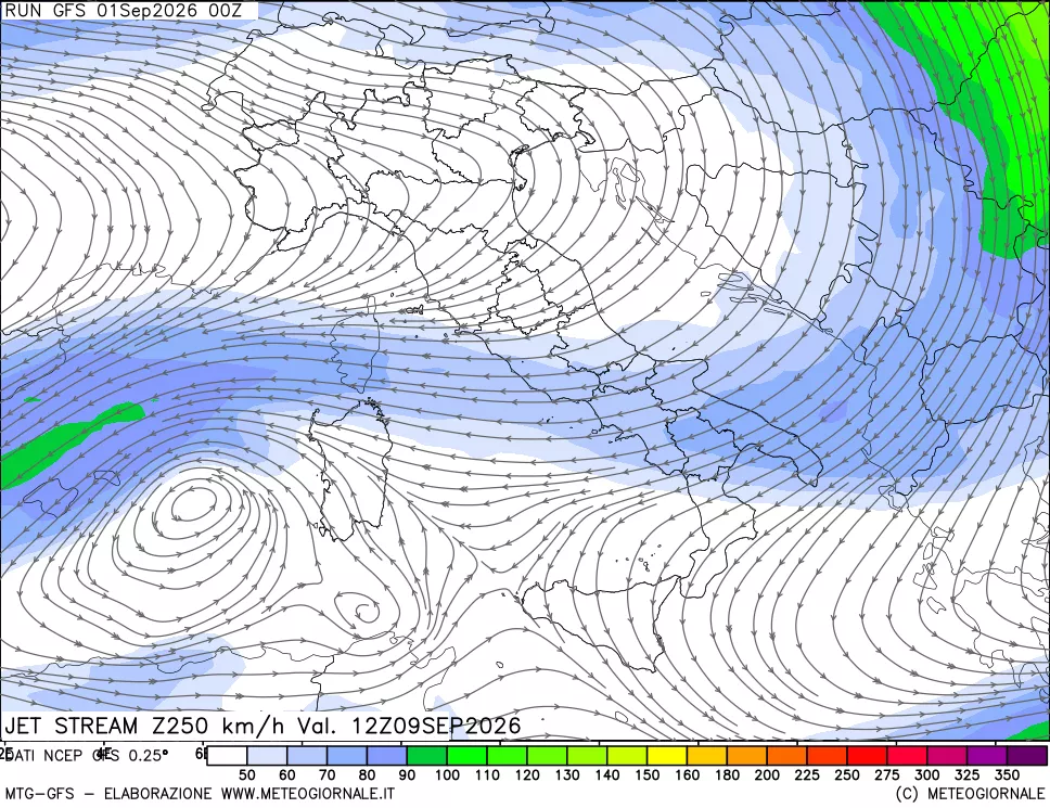 mappa 250 hPa Jet stream