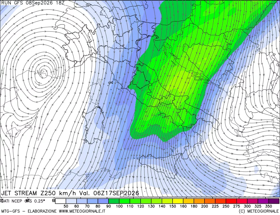 mappa 250 hPa Jet stream