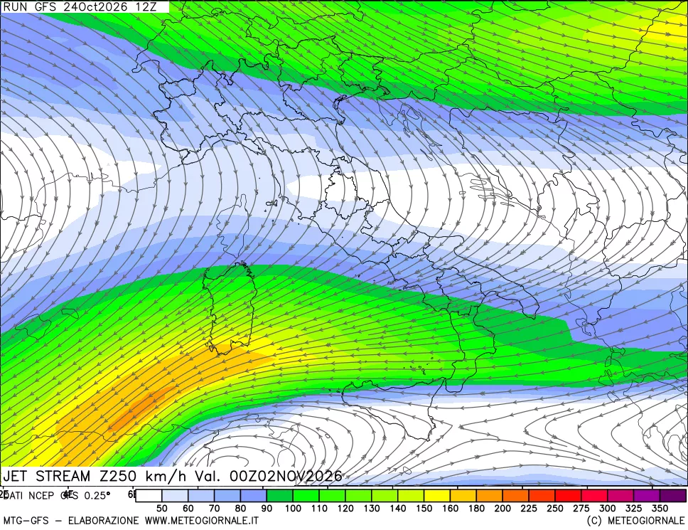 mappa 250 hPa Jet stream