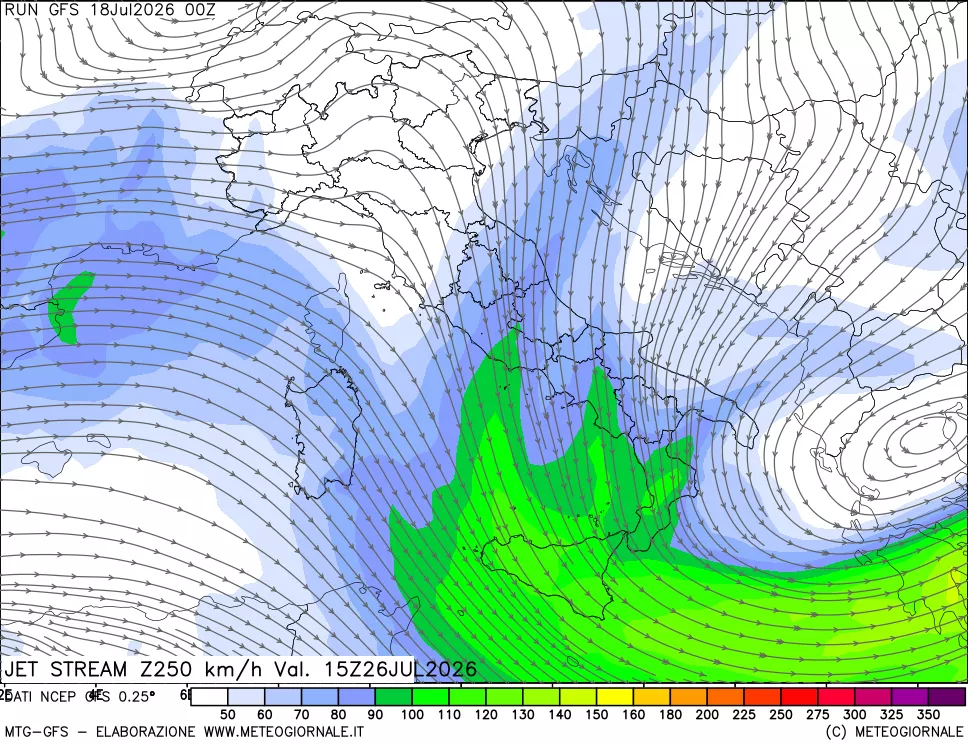 mappa 250 hPa Jet stream