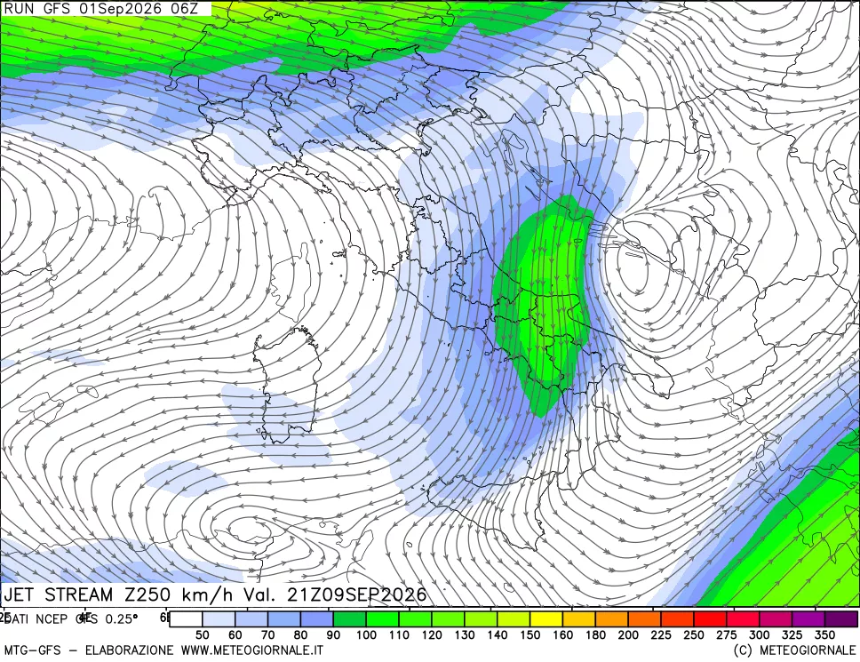 mappa 250 hPa Jet stream