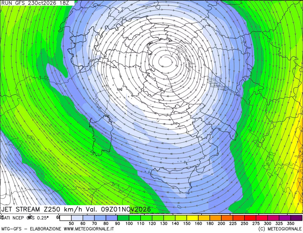 mappa 250 hPa Jet stream