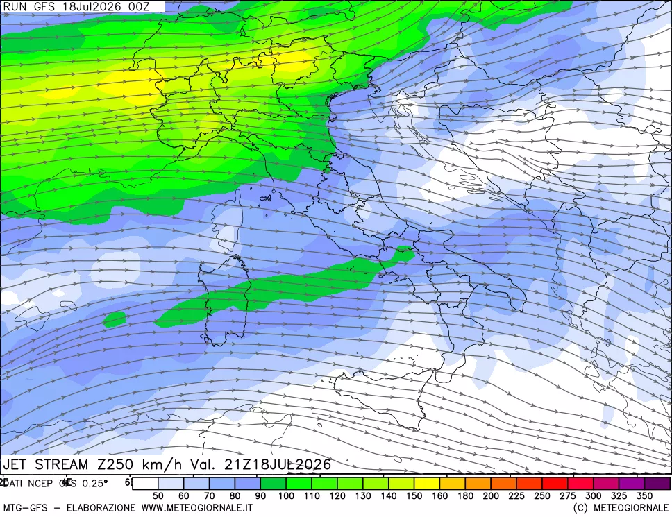 mappa 250 hPa Jet stream