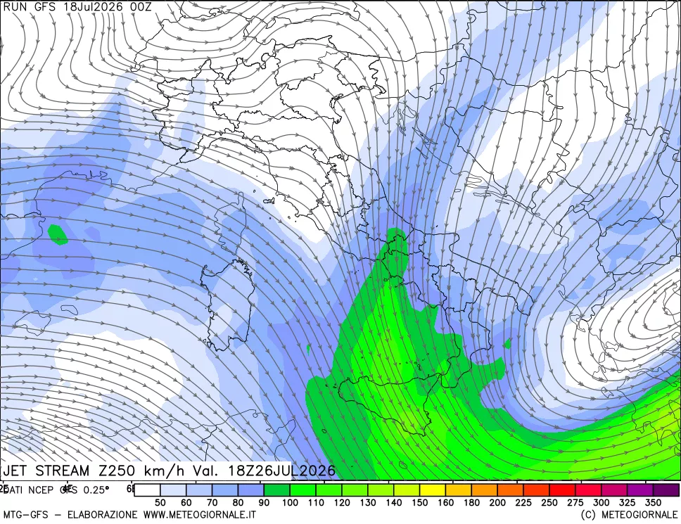 mappa 250 hPa Jet stream