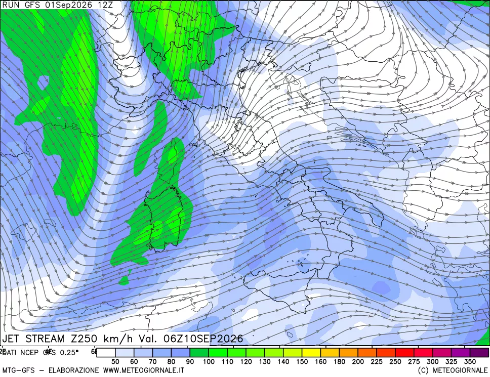 mappa 250 hPa Jet stream