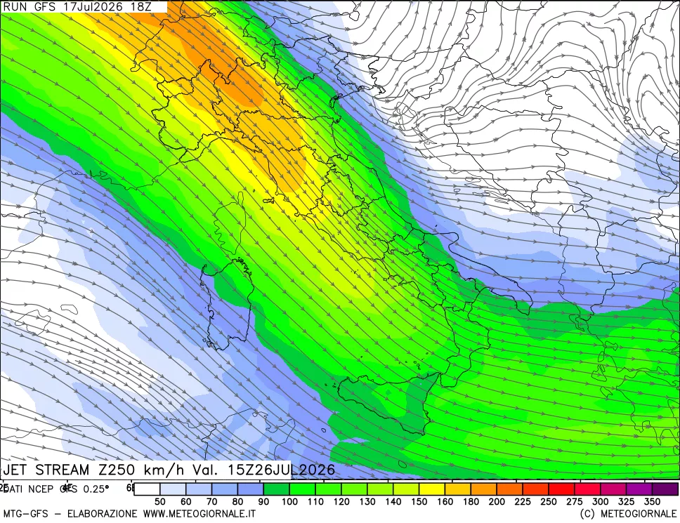 mappa 250 hPa Jet stream