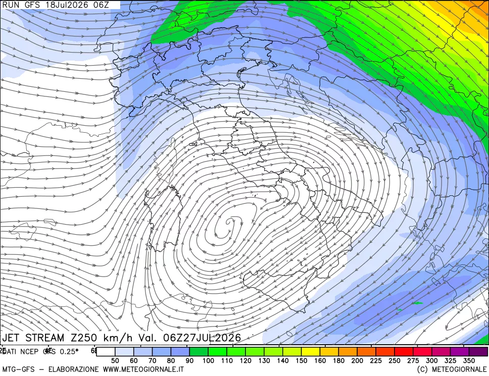 mappa 250 hPa Jet stream