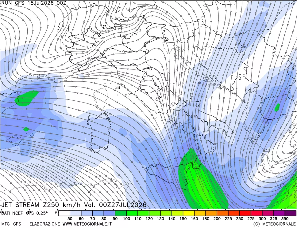 mappa 250 hPa Jet stream