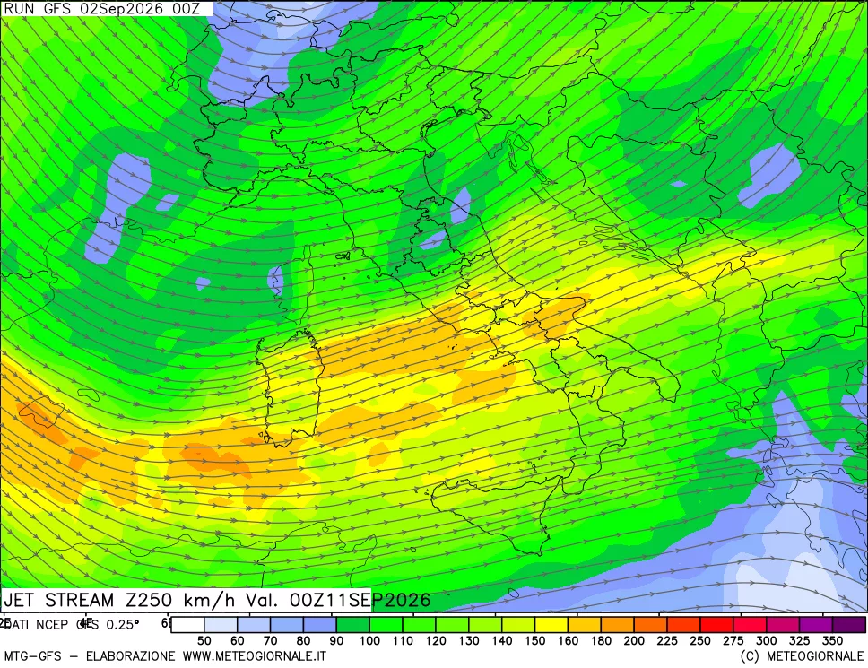mappa 250 hPa Jet stream