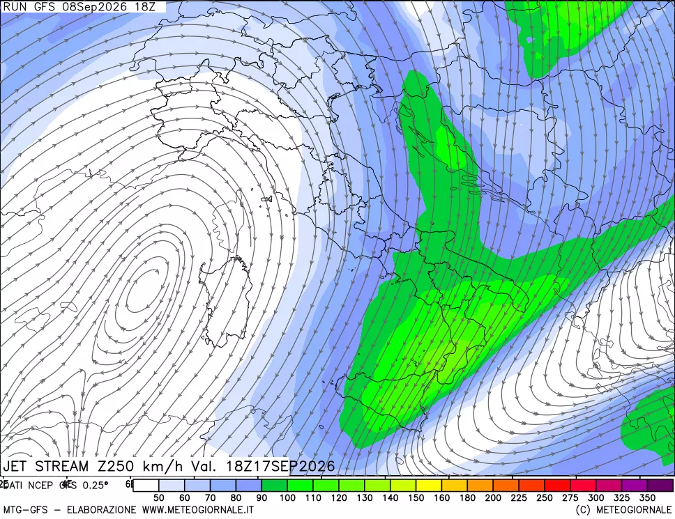 mappa 250 hPa Jet stream