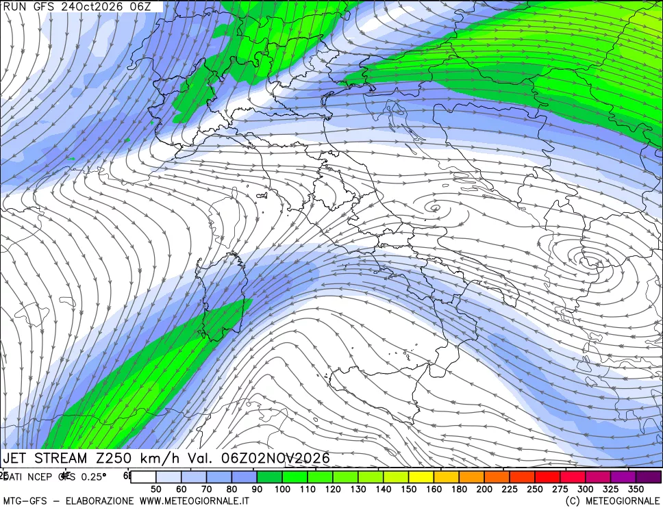 mappa 250 hPa Jet stream