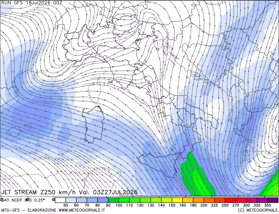 mappa 250 hPa Jet stream