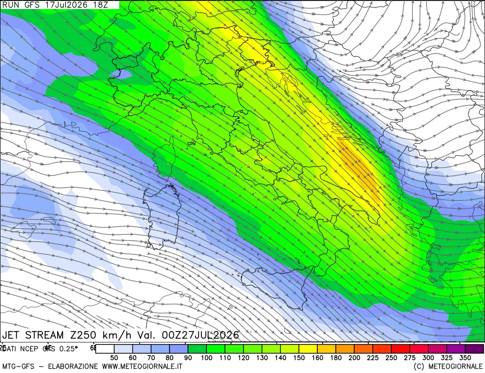 mappa 250 hPa Jet stream