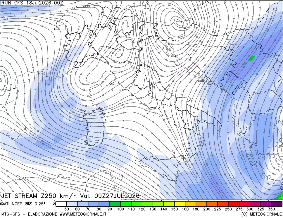 mappa 250 hPa Jet stream