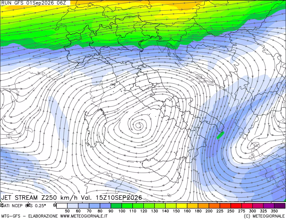 mappa 250 hPa Jet stream