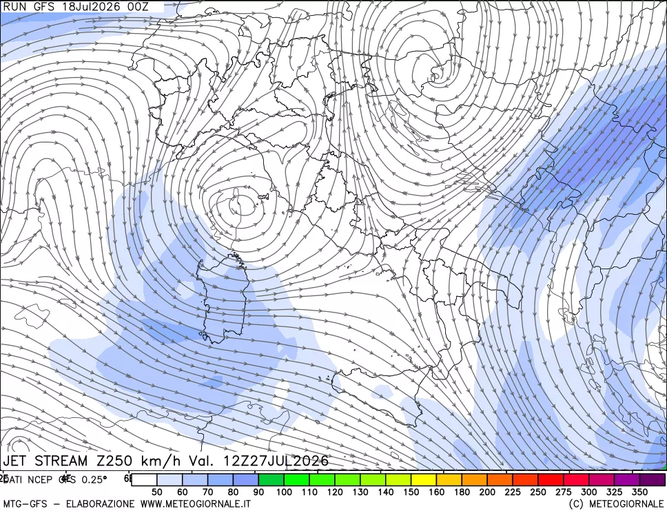 mappa 250 hPa Jet stream