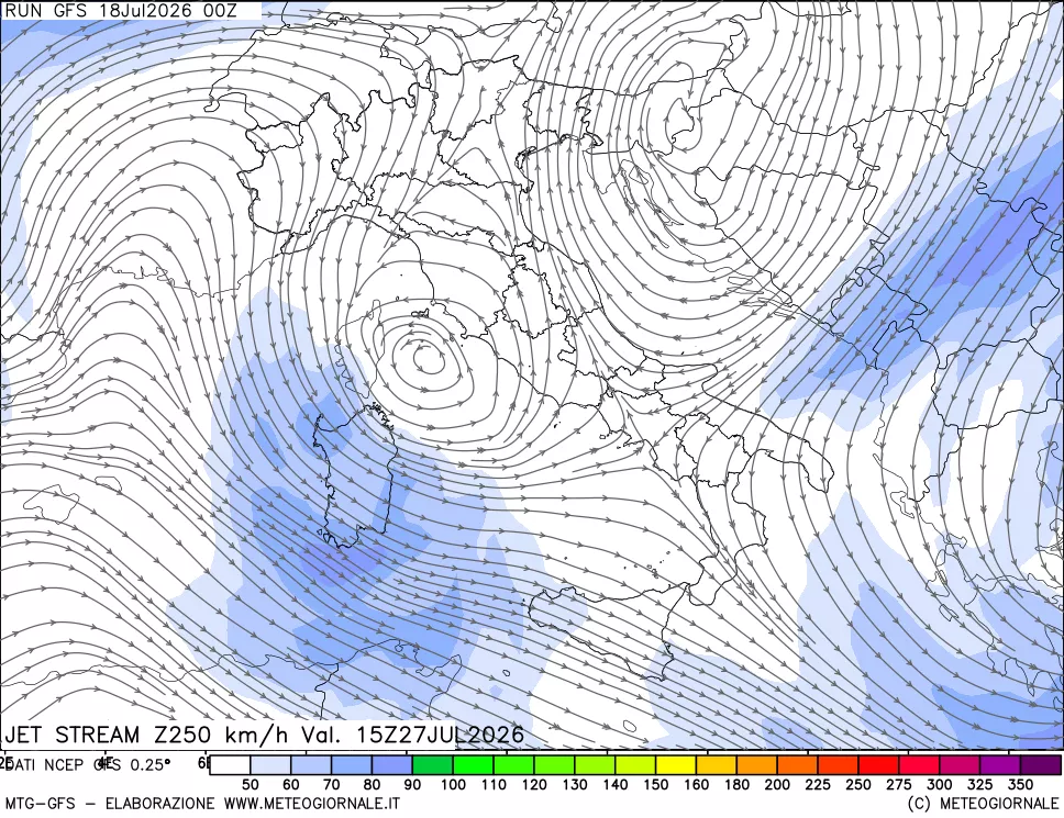 mappa 250 hPa Jet stream
