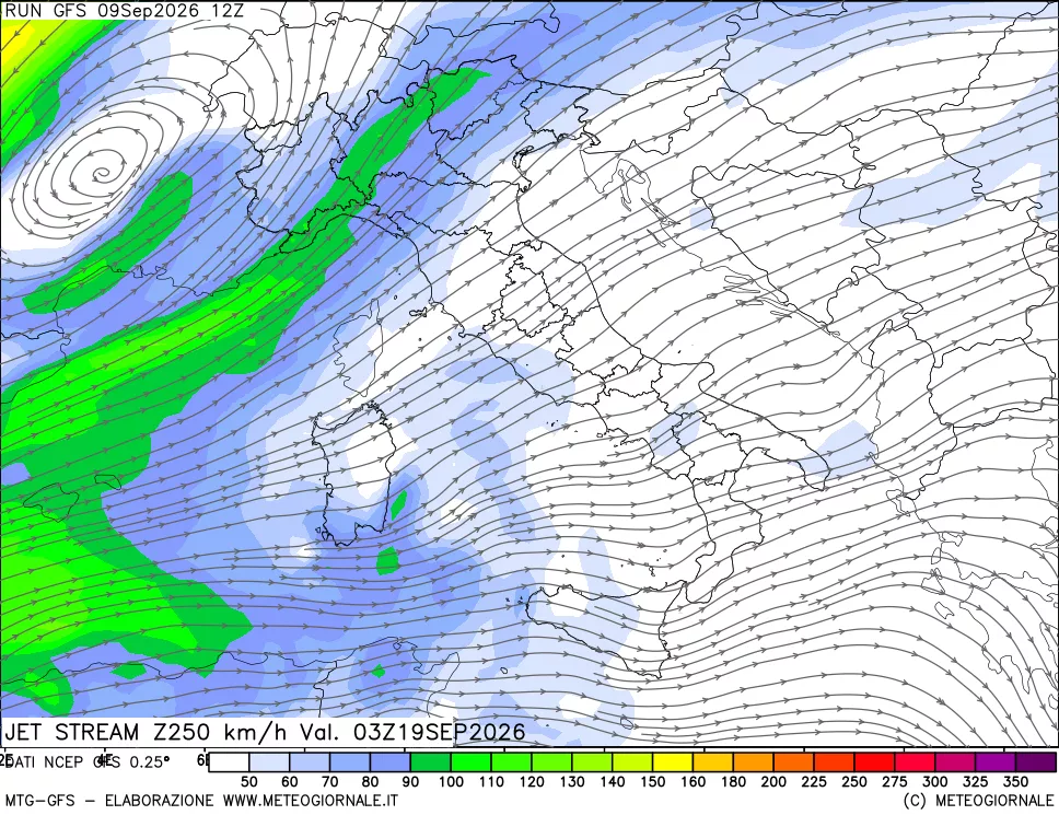 mappa 250 hPa Jet stream