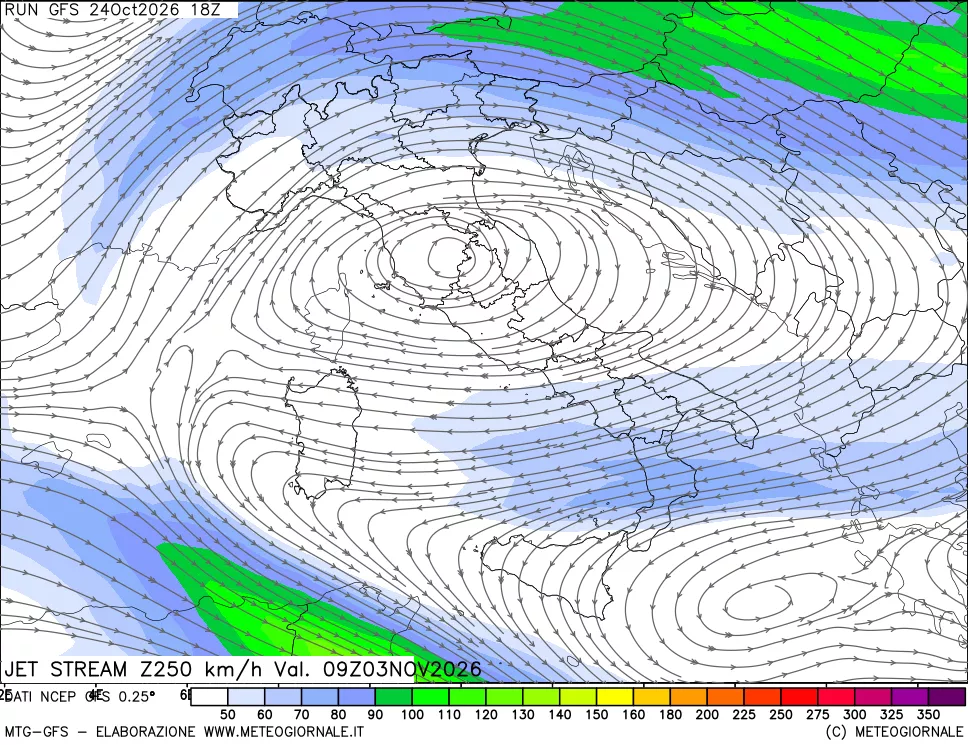 mappa 250 hPa Jet stream