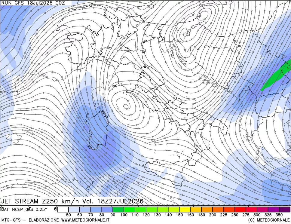 mappa 250 hPa Jet stream