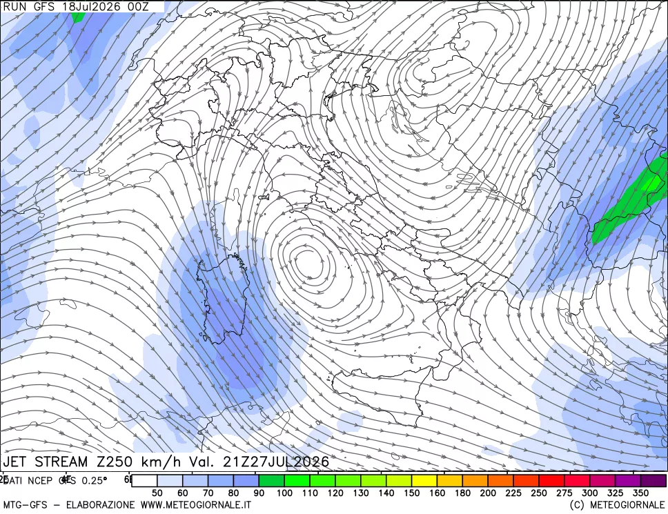 mappa 250 hPa Jet stream