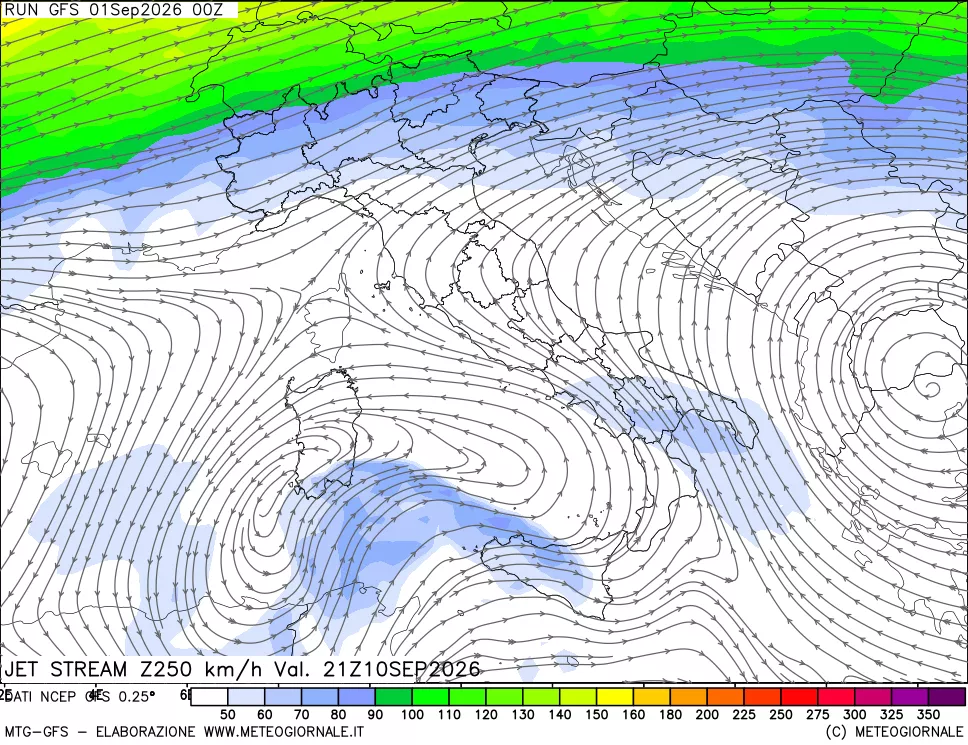 mappa 250 hPa Jet stream