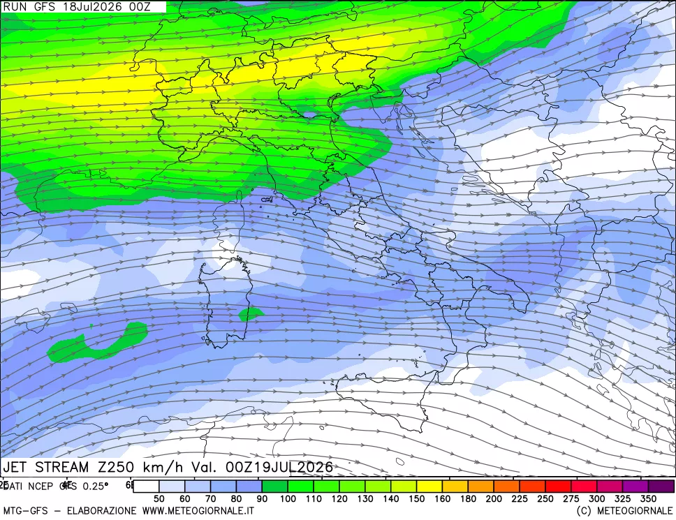 mappa 250 hPa Jet stream
