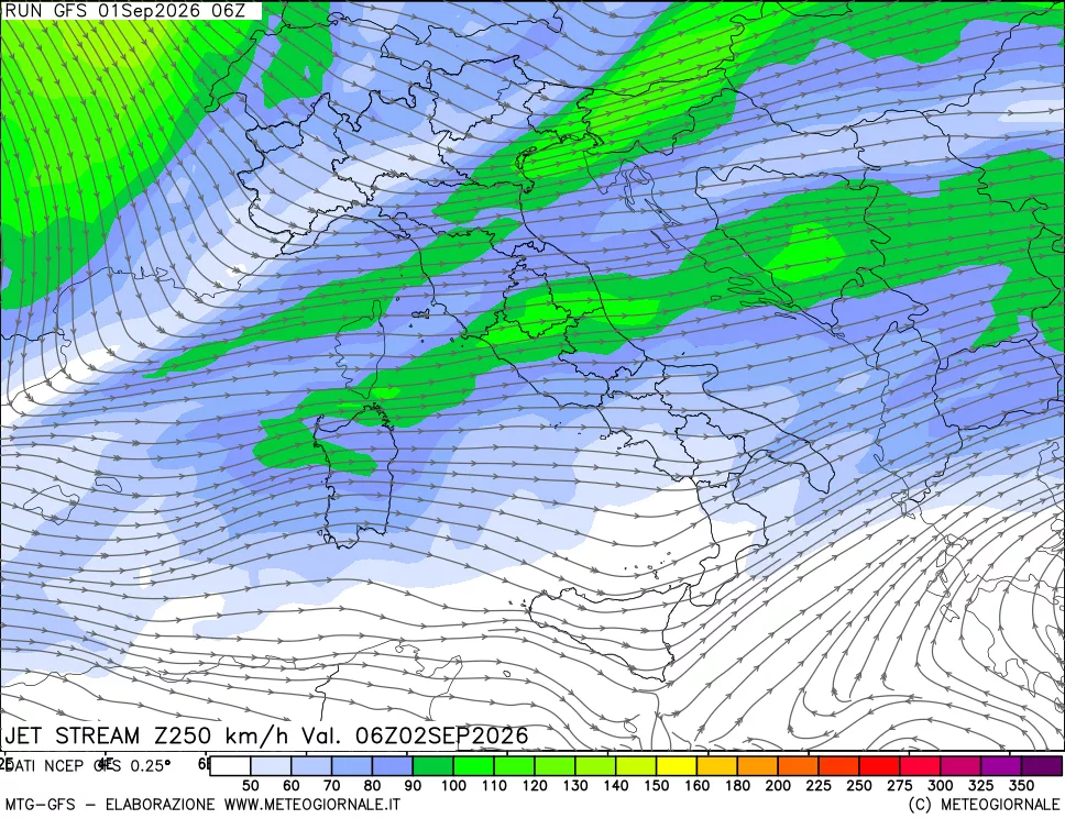 mappa 250 hPa Jet stream
