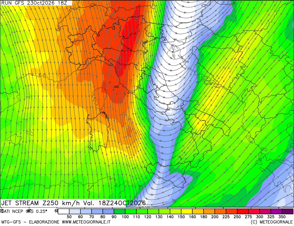 mappa 250 hPa Jet stream