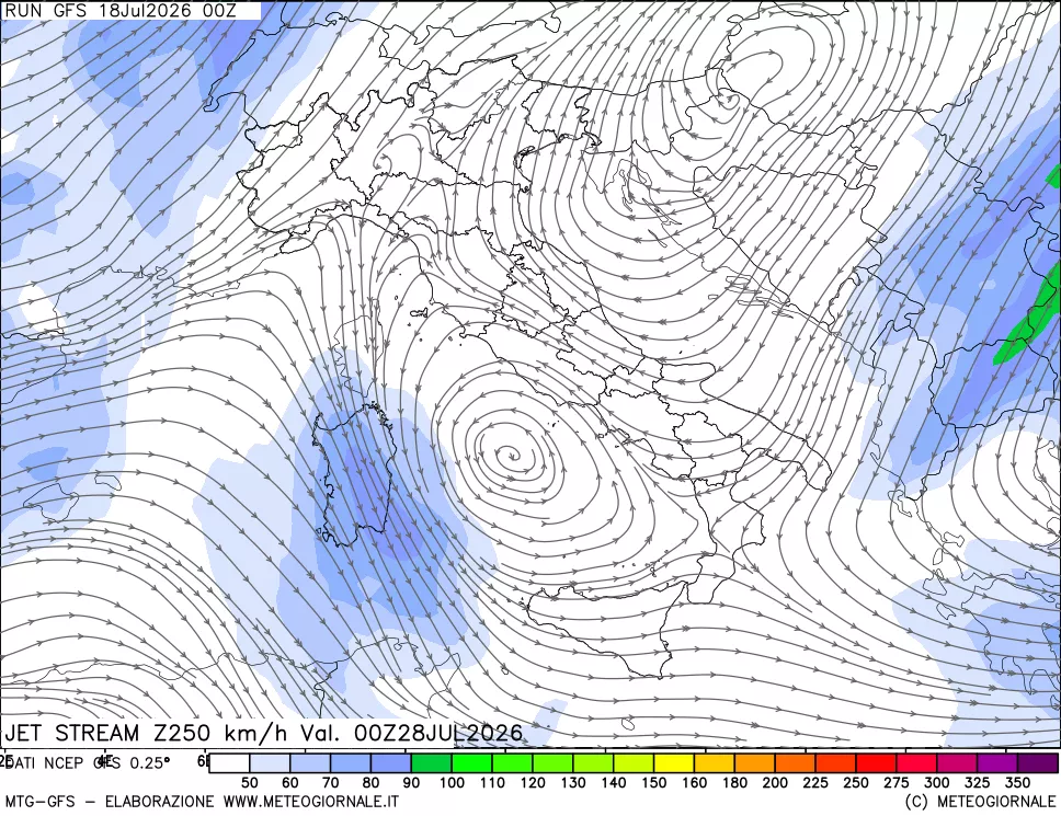 mappa 250 hPa Jet stream
