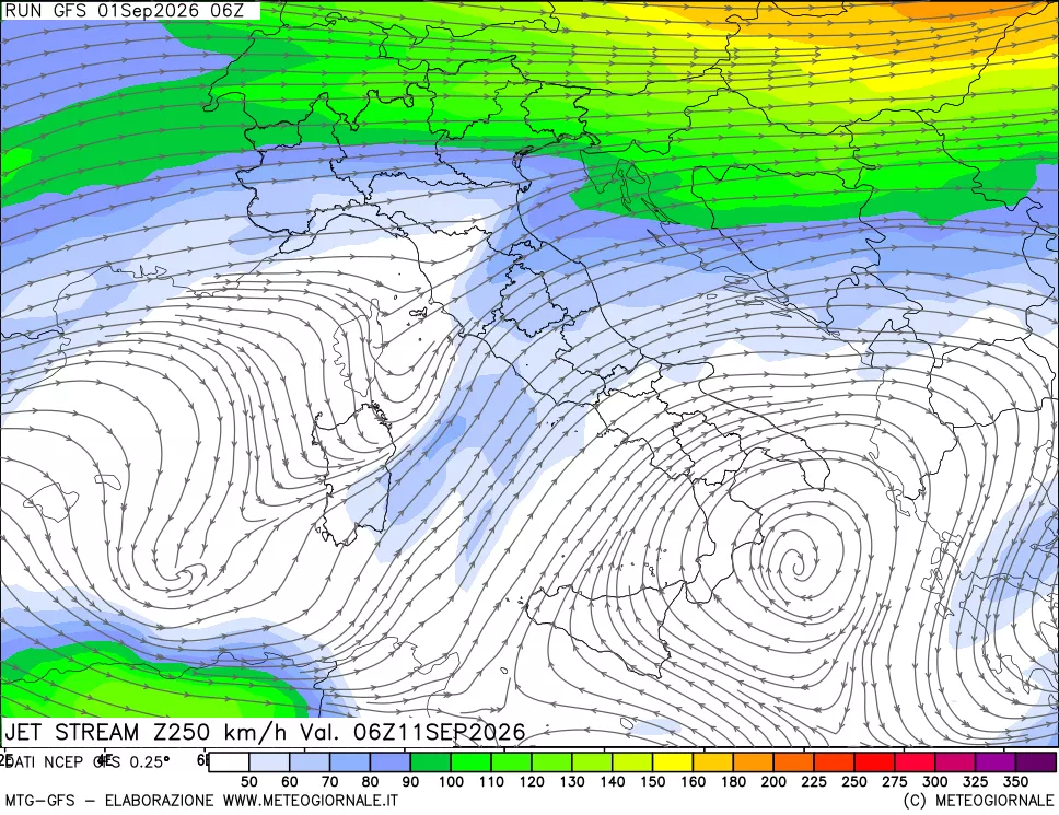 mappa 250 hPa Jet stream