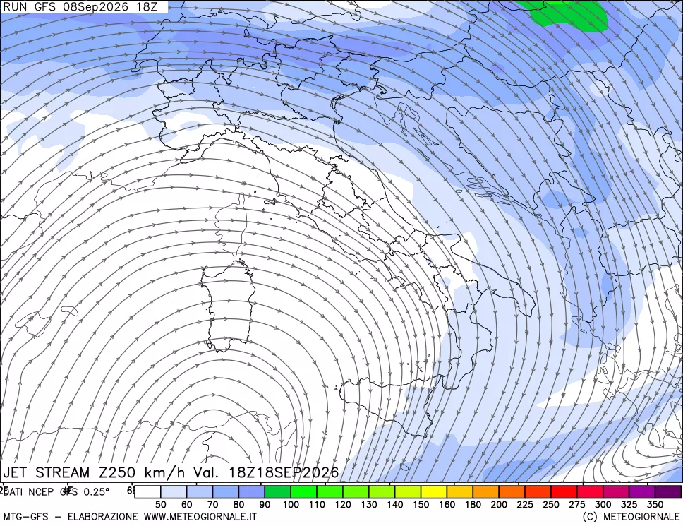 mappa 250 hPa Jet stream