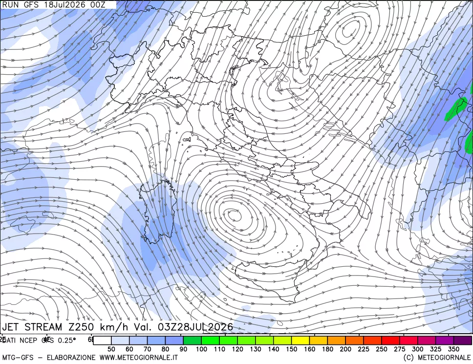 mappa 250 hPa Jet stream