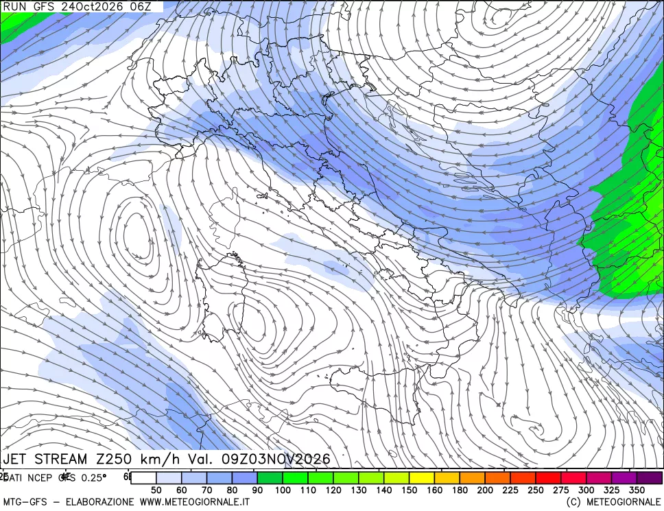 mappa 250 hPa Jet stream