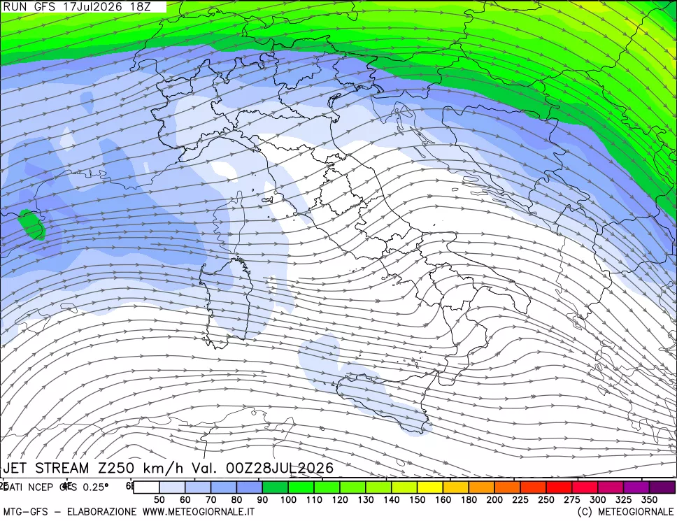 mappa 250 hPa Jet stream