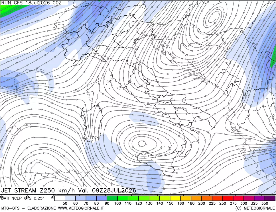 mappa 250 hPa Jet stream