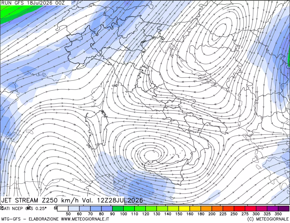 mappa 250 hPa Jet stream