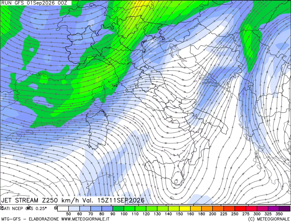 mappa 250 hPa Jet stream