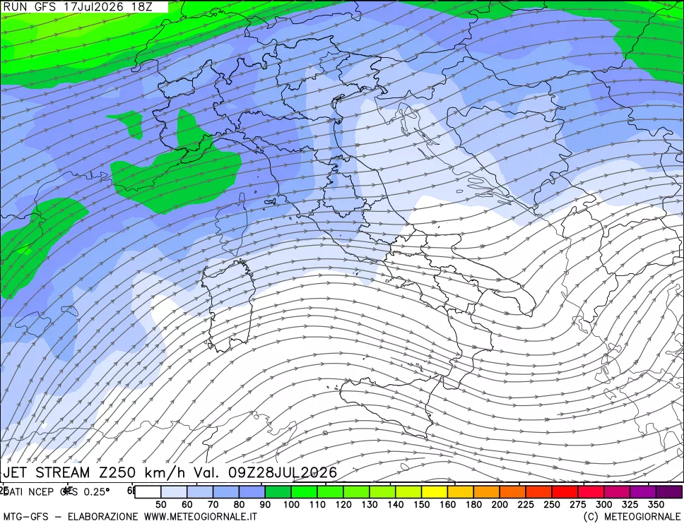 mappa 250 hPa Jet stream