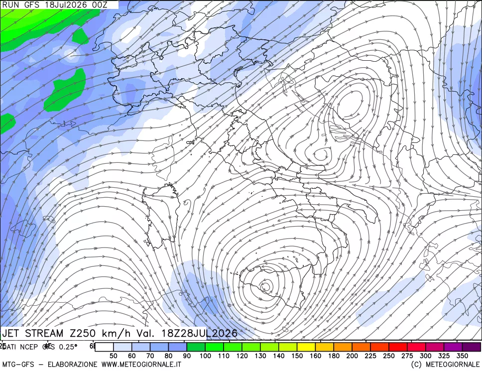 mappa 250 hPa Jet stream
