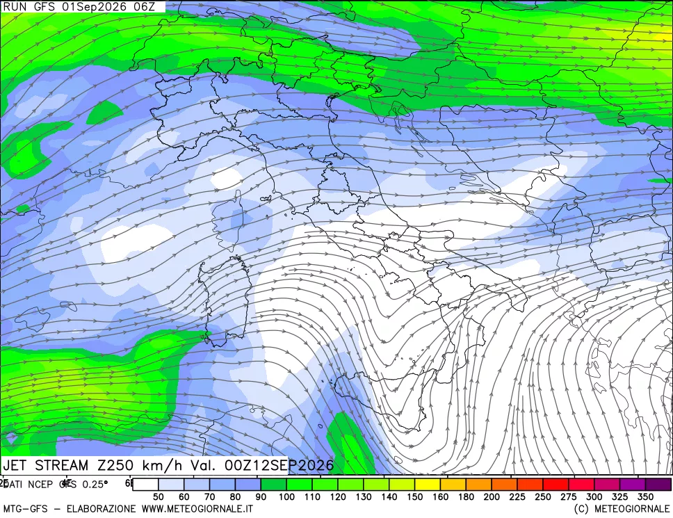 mappa 250 hPa Jet stream