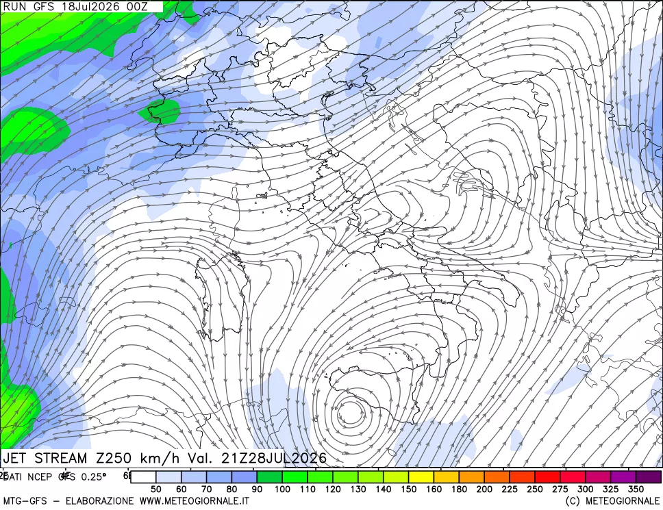 mappa 250 hPa Jet stream